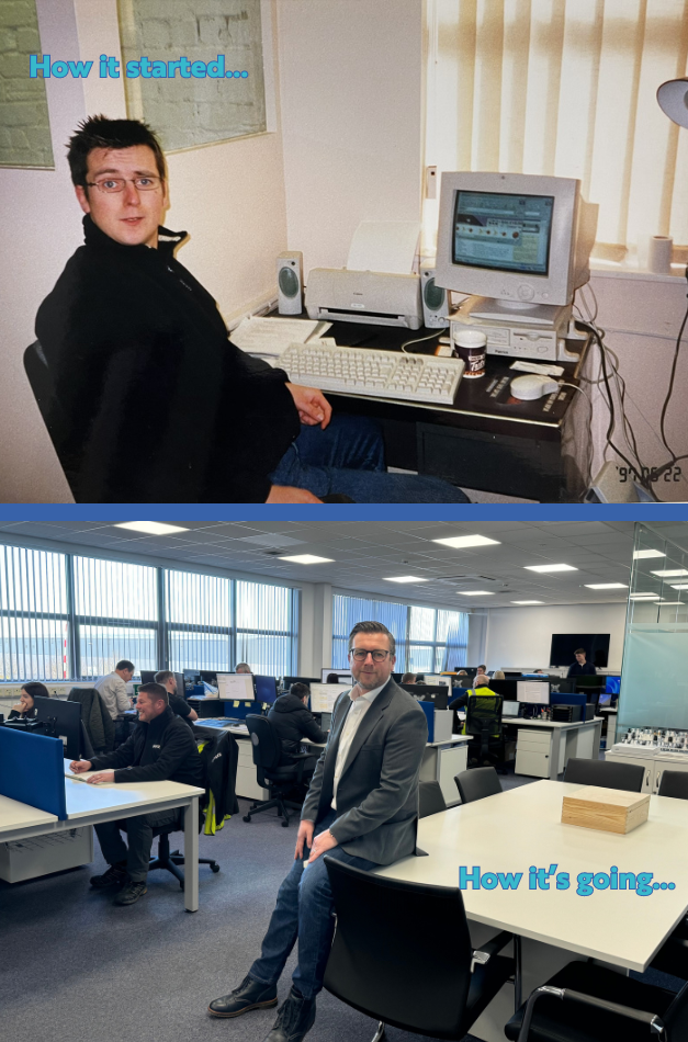 A comparison image showing Stephen Turner in his first office 25 years ago vs the current office