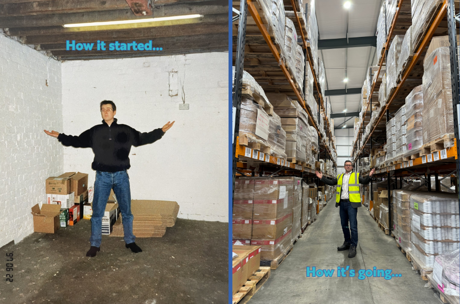 a comparison showing the first warehouse 25 years ago vs the current warehouse